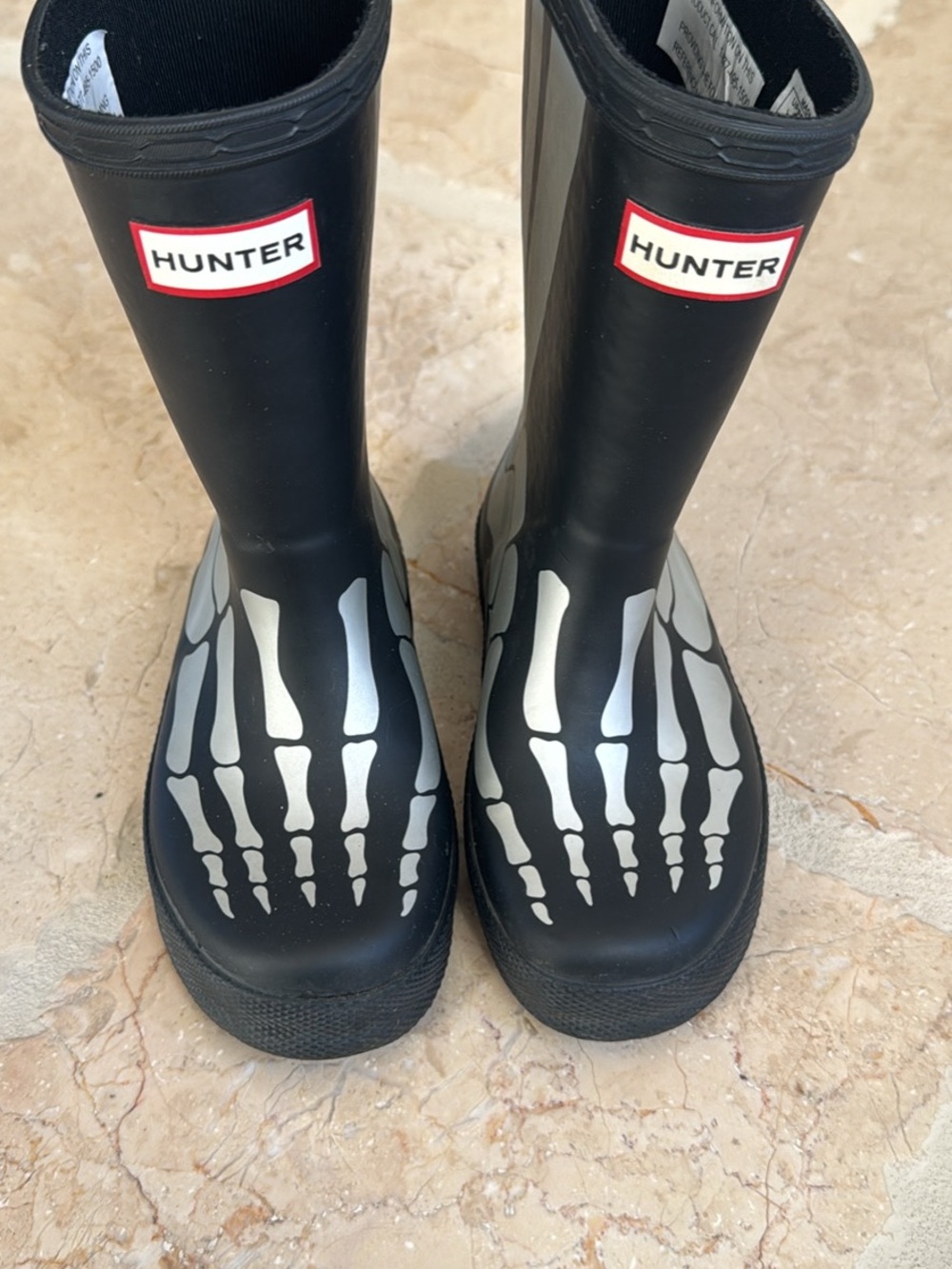 Hunter Kids Black Rain Boots with Silver Skeleton Print